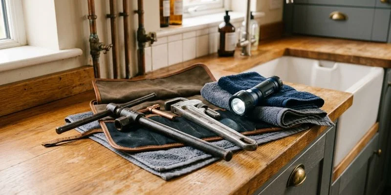 Emergency plumbing toolkit laid out with stopcock key adjustable wrench towels and torchlight for burst pipe response