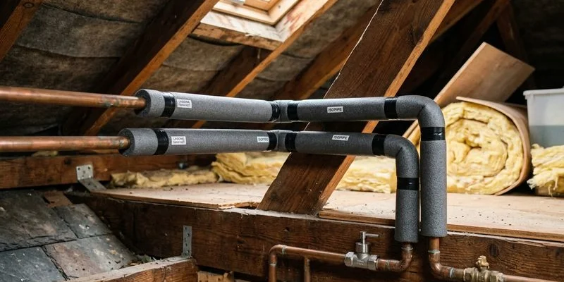 Close-up of foam pipe insulation being fitted around copper pipes in an Irish home attic space