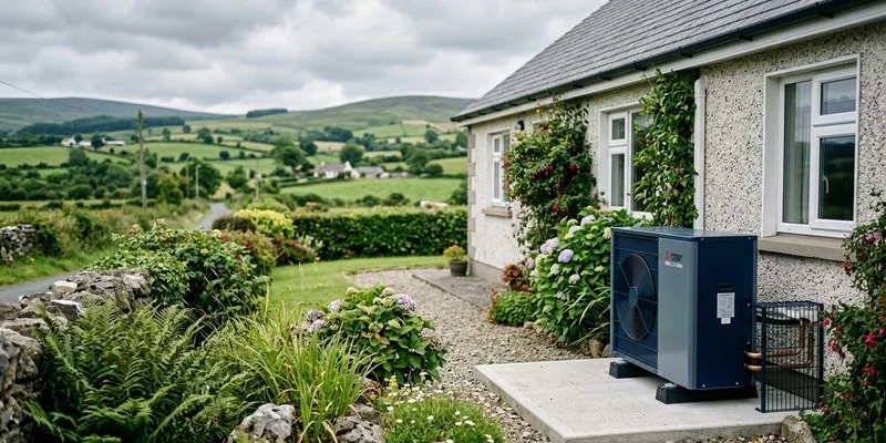Heat pump outdoor unit installed beside an Irish bungalow with garden and green countryside in background