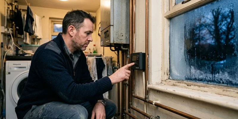 Homeowner checking unresponsive boiler control panel during cold Irish winter with frost visible on window