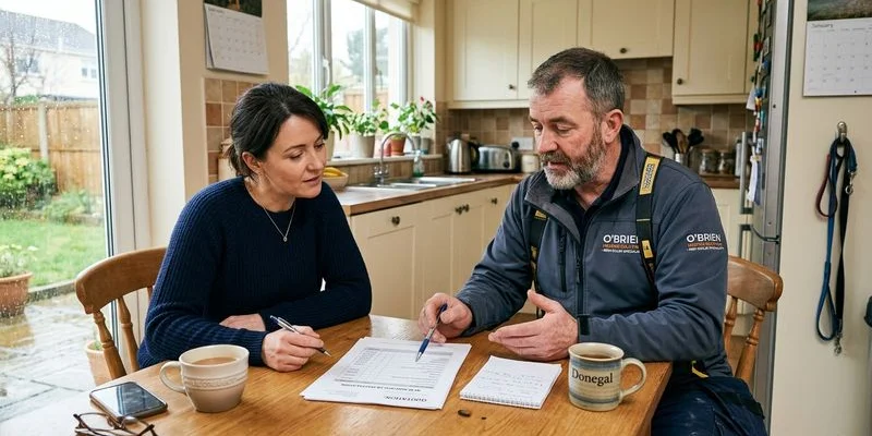 Homeowner reviewing boiler installation quote with heating engineer at kitchen table discussing options