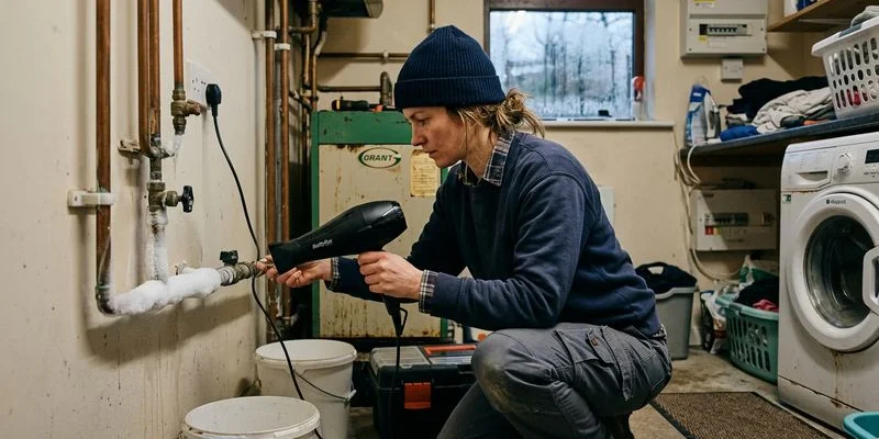 Homeowner using hairdryer to carefully thaw a frozen pipe in utility room during Irish winter weather