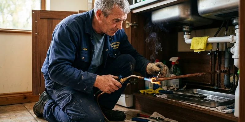 Professional plumber repairing a burst copper pipe under a kitchen sink in an Irish home