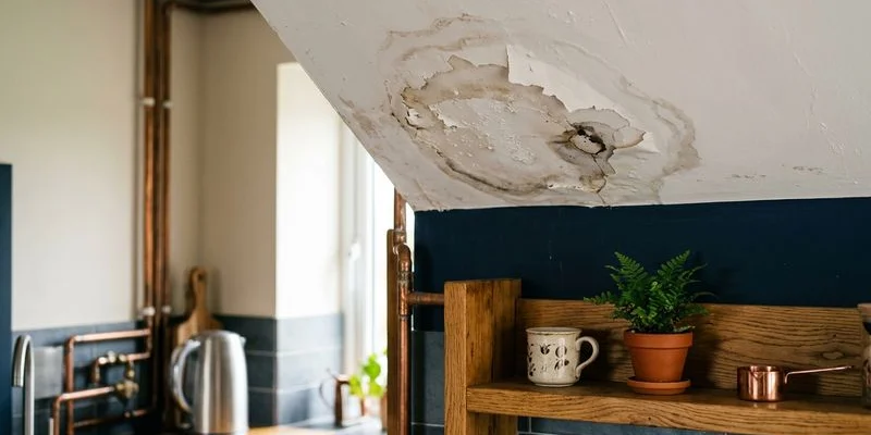 Water damage visible on ceiling with damp patch and peeling paint caused by hidden plumbing leak above