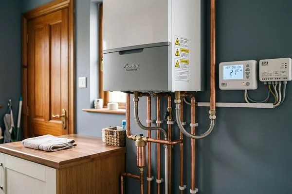 A-rated condensing boiler freshly installed with new heating controls and pipework