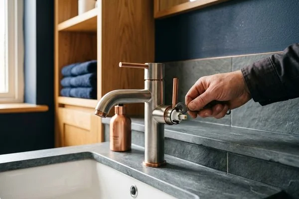 Bathroom basin mixer tap with a new ceramic disc cartridge installed