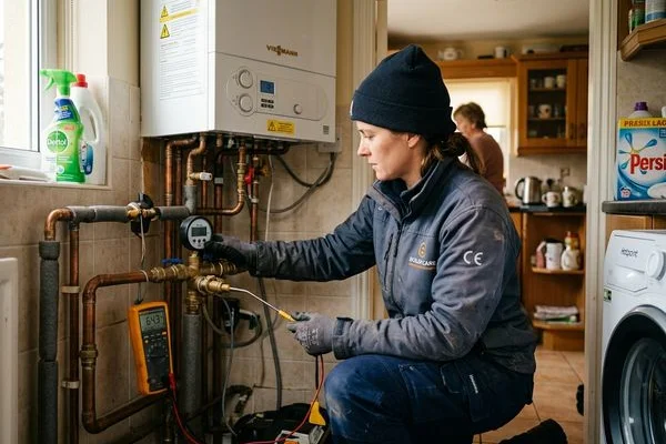 Boiler commissioning process with engineer testing pressure and flow temperature