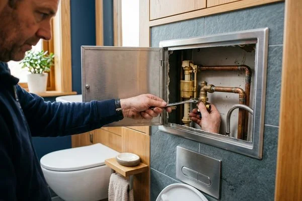 Concealed cistern with access panel open during a fill valve repair