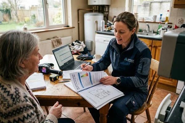 Engineer assessing home suitability for heat pump retrofit with BER documents