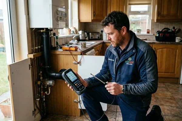 Engineer checking flue gas analyser readings during annual gas boiler service