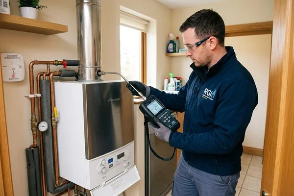 Gas safety inspection with carbon monoxide detector testing near boiler flue