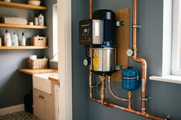 Grundfos whole-house booster pump mounted on a wall with supply pipework connections