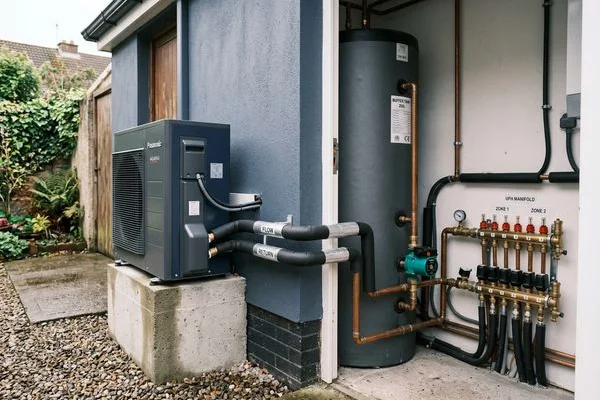Heat pump outdoor unit connected to buffer tank and underfloor heating manifold