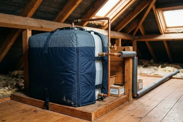 Insulation jacket fitted around an attic water tank to provide frost protection