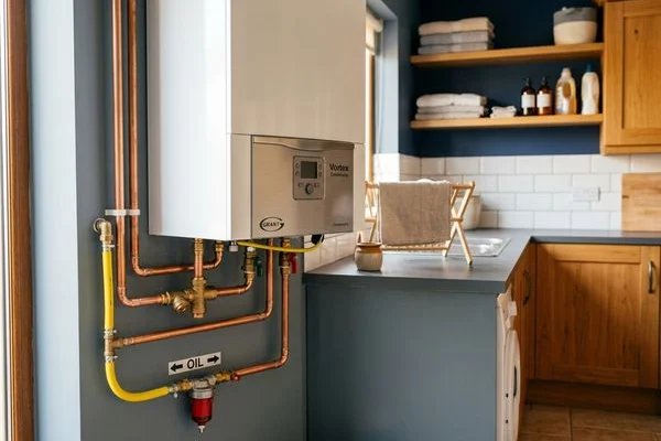 New condensing oil boiler installed in a utility room with oil line connection