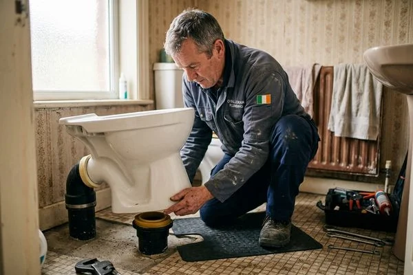 Toilet pan being connected to the soil pipe with a new wax ring seal