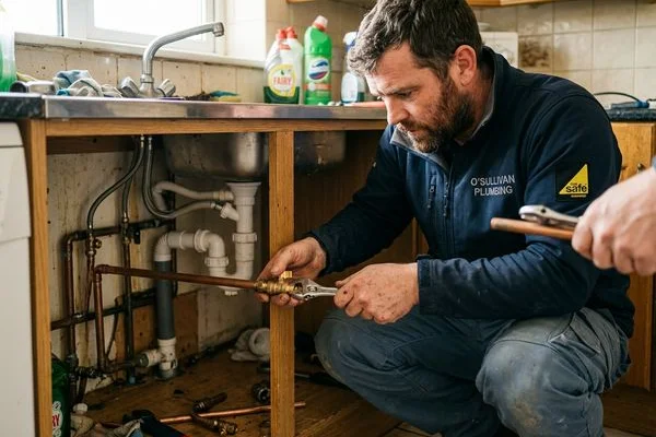 Isolation valves being fitted under a sink ahead of a new tap installation