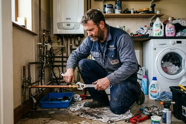 Emergency plumber fitting a compression joint to repair a burst pipe