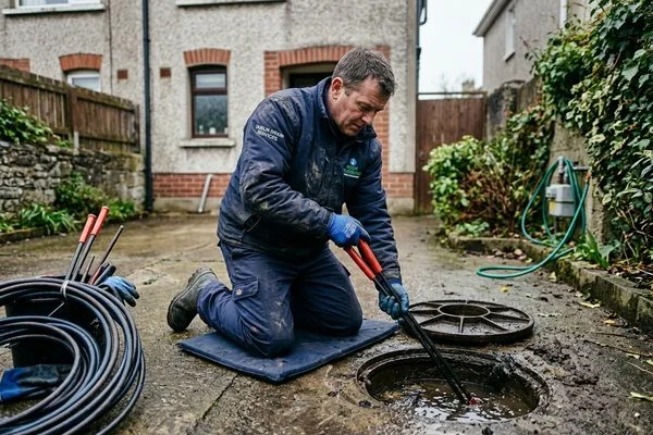 Plumber using drain rods to clear a blocked external drain at a house