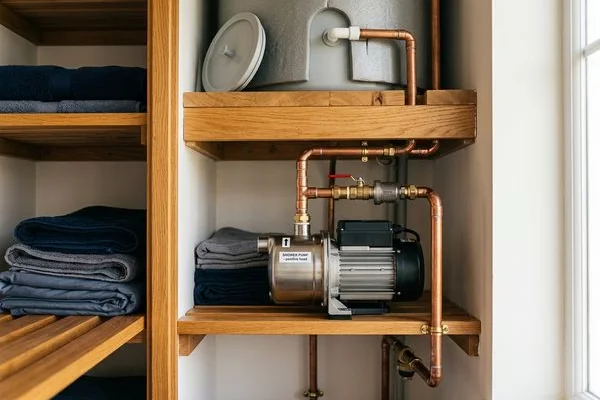 Positive head shower pump installed below attic tank level in a hot press