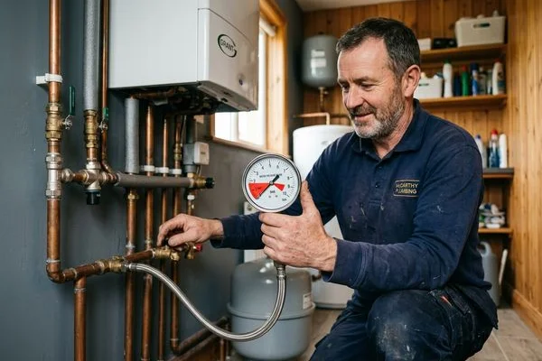 Pressure gauge displaying a low bar reading during a water pressure diagnostic