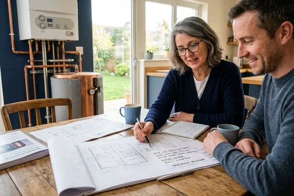 System design consultation showing boiler sizing calculations for a new build