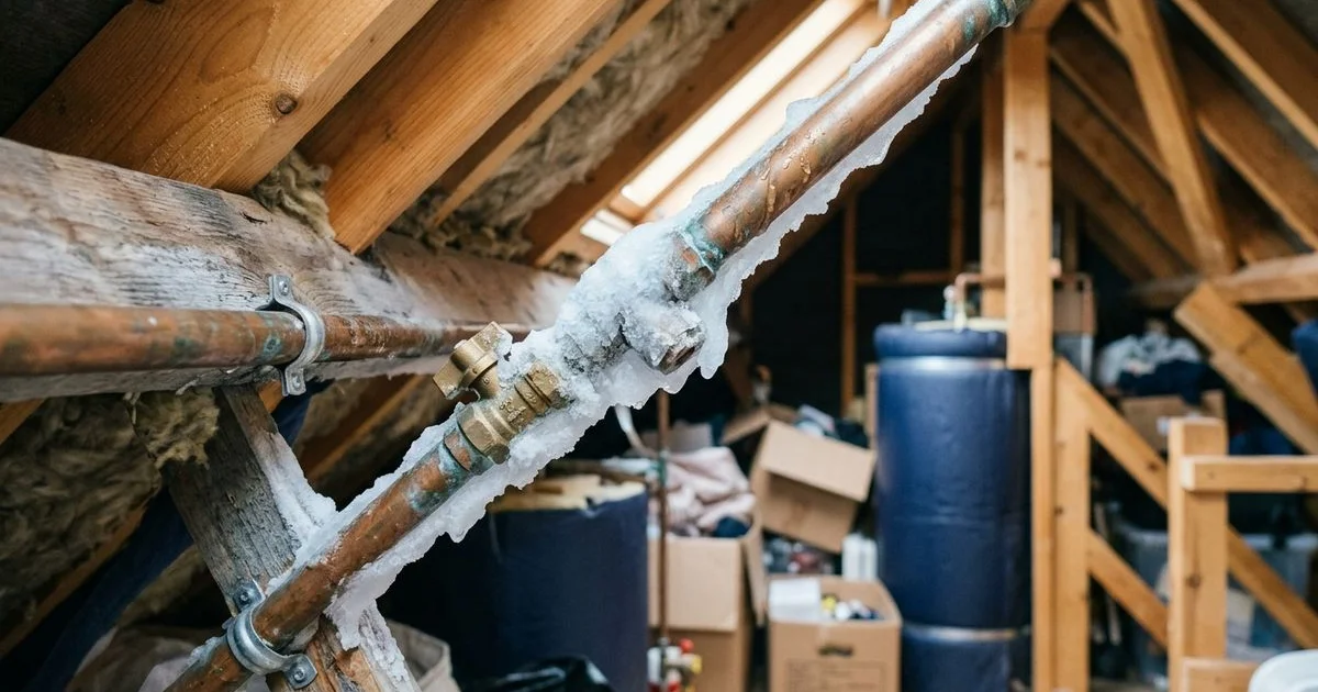 Frozen pipes covered in ice during an Irish winter cold snap in an attic space