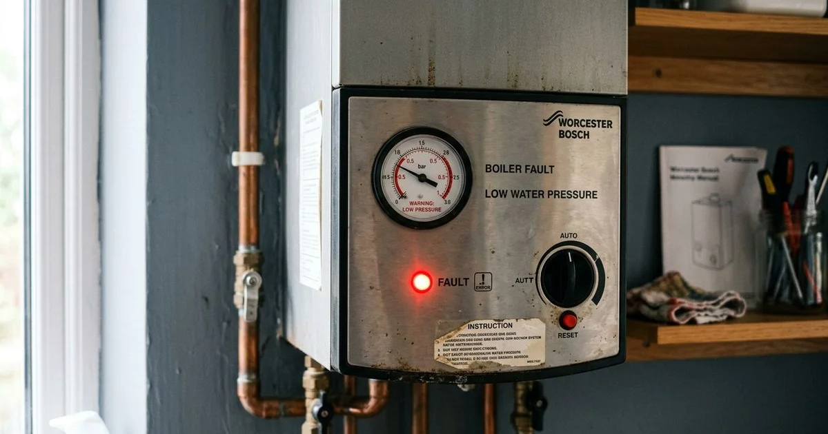 Old boiler showing warning signs of breakdown with pressure gauge and error light illuminated