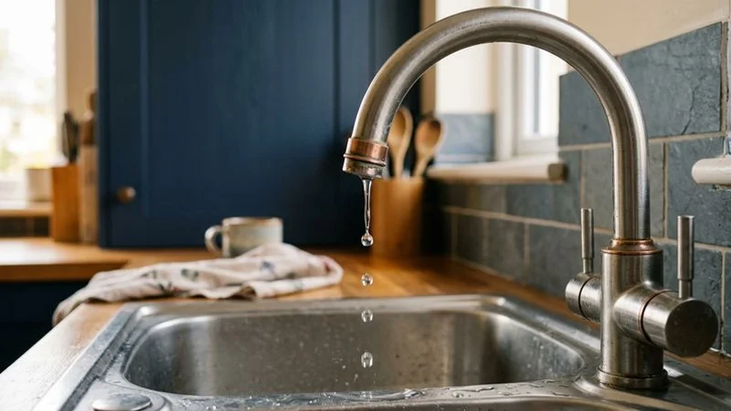 Close-up of a dripping kitchen tap with water droplets forming at the spout showing a common household plumbing problem