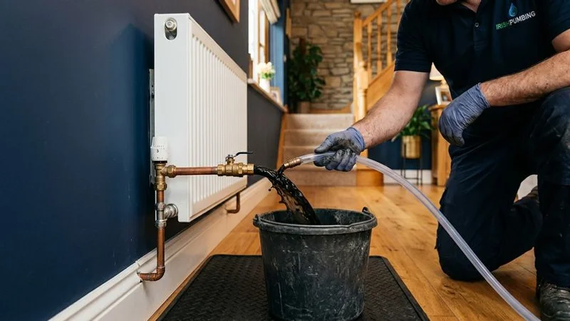 Close-up of dark sludge-filled water being drained from a radiator during a heating system flush in an Irish home