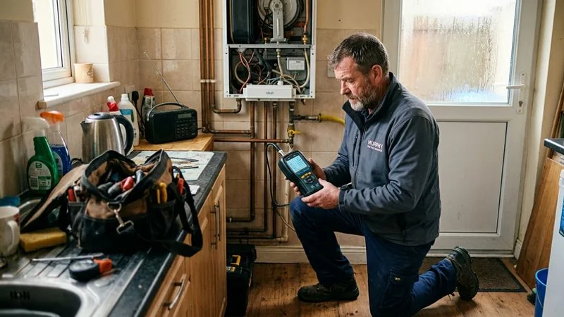 Heating engineer performing an annual boiler service checking combustion efficiency with diagnostic tools in an Irish home