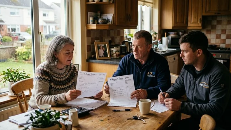 Homeowner comparing written plumbing quotes from different contractors at a kitchen table with paperwork spread out