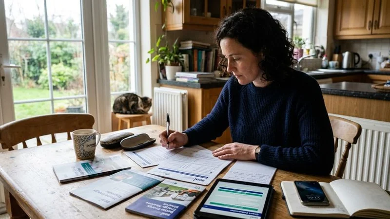Homeowner reviewing SEAI grant paperwork and energy upgrade options at their kitchen table with documents and a laptop visible
