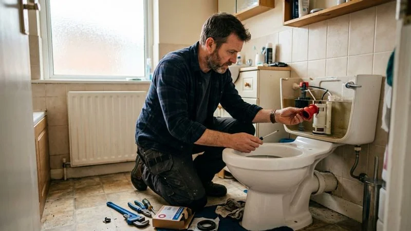Homeowner performing a simple toilet cistern repair replacing a drop valve seal with basic tools and replacement parts