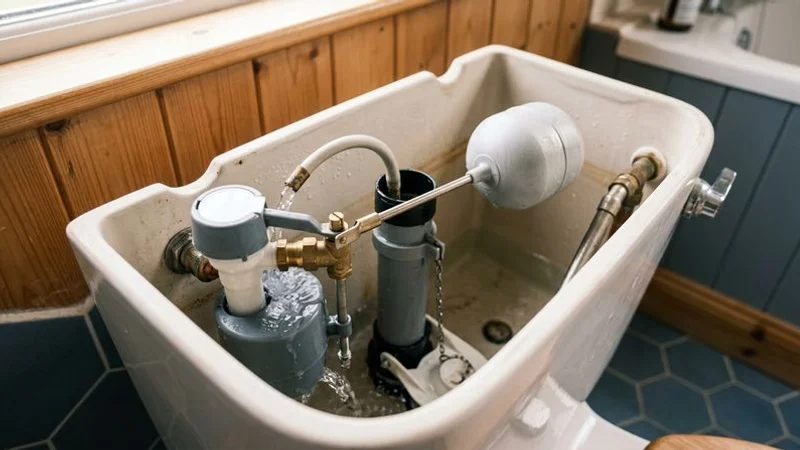 Inside view of a toilet cistern showing the fill valve float mechanism and flush valve components that cause running toilets