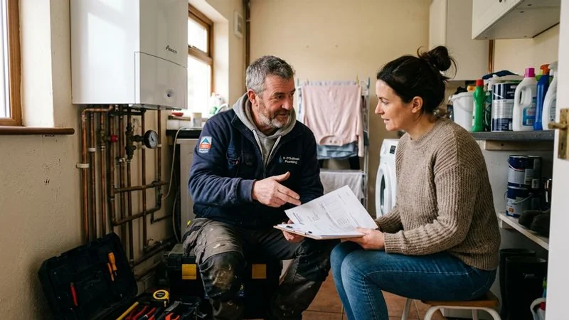 Professional plumber discussing a boiler installation quote with a homeowner in a tidy utility room showing the existing system