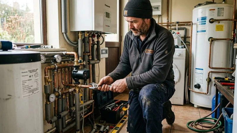Professional plumber installing a modern heat pump system in an Irish home with pipes and controls visible